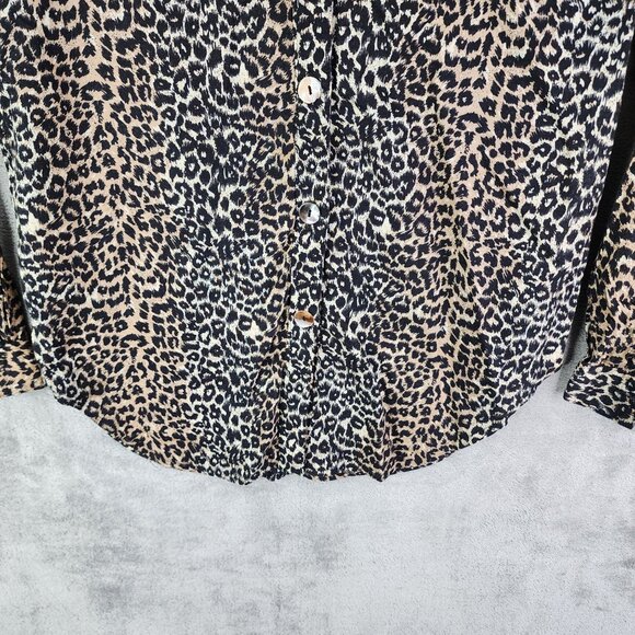 Women's Vintage Cactus Flower Leopard Print Button-Up Shirt Rayon Long Sleeve S - Picture 4 of 11